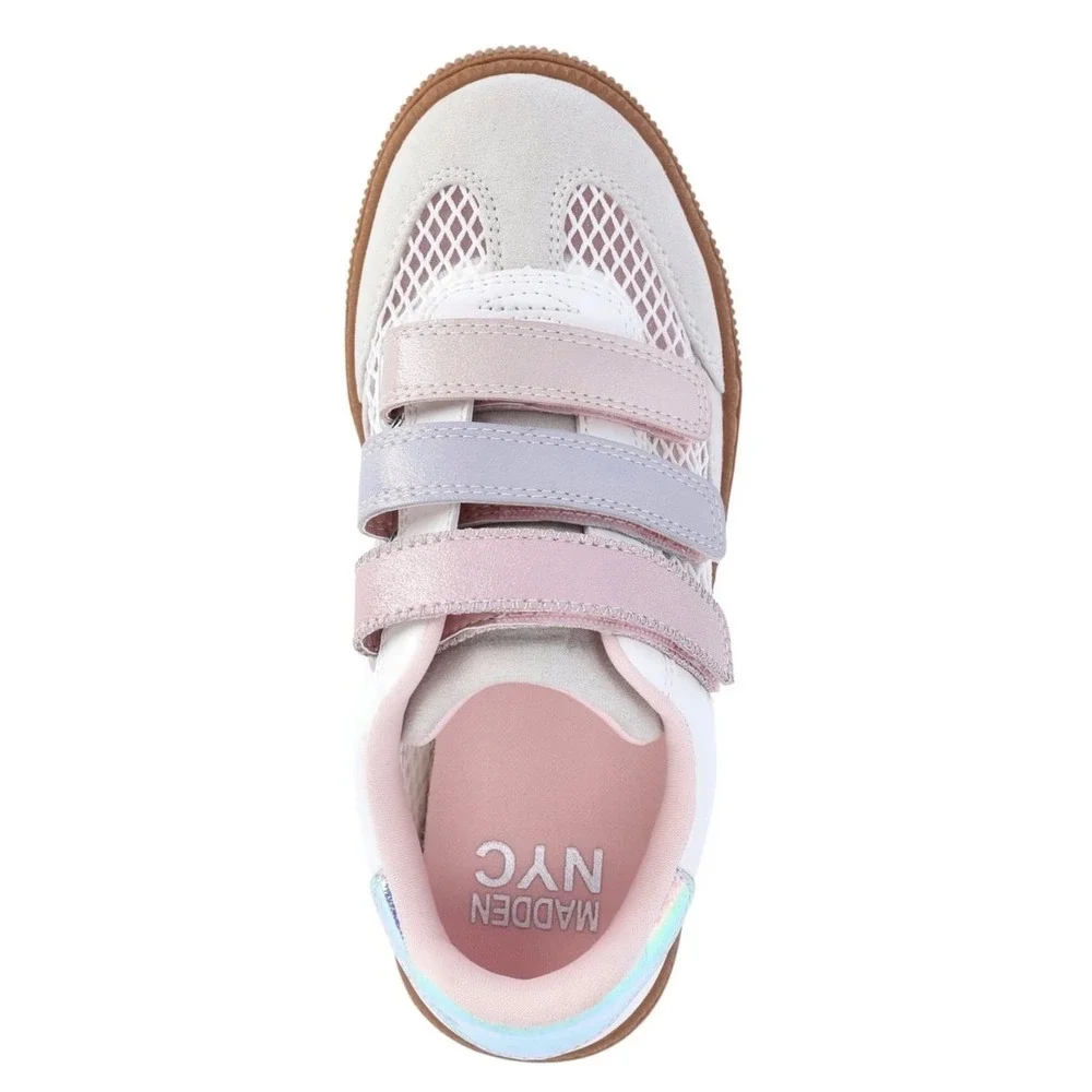 Madden NYC Girls Triple Strap Mesh Sneakers White Pink Iridescent Size 1 NWT